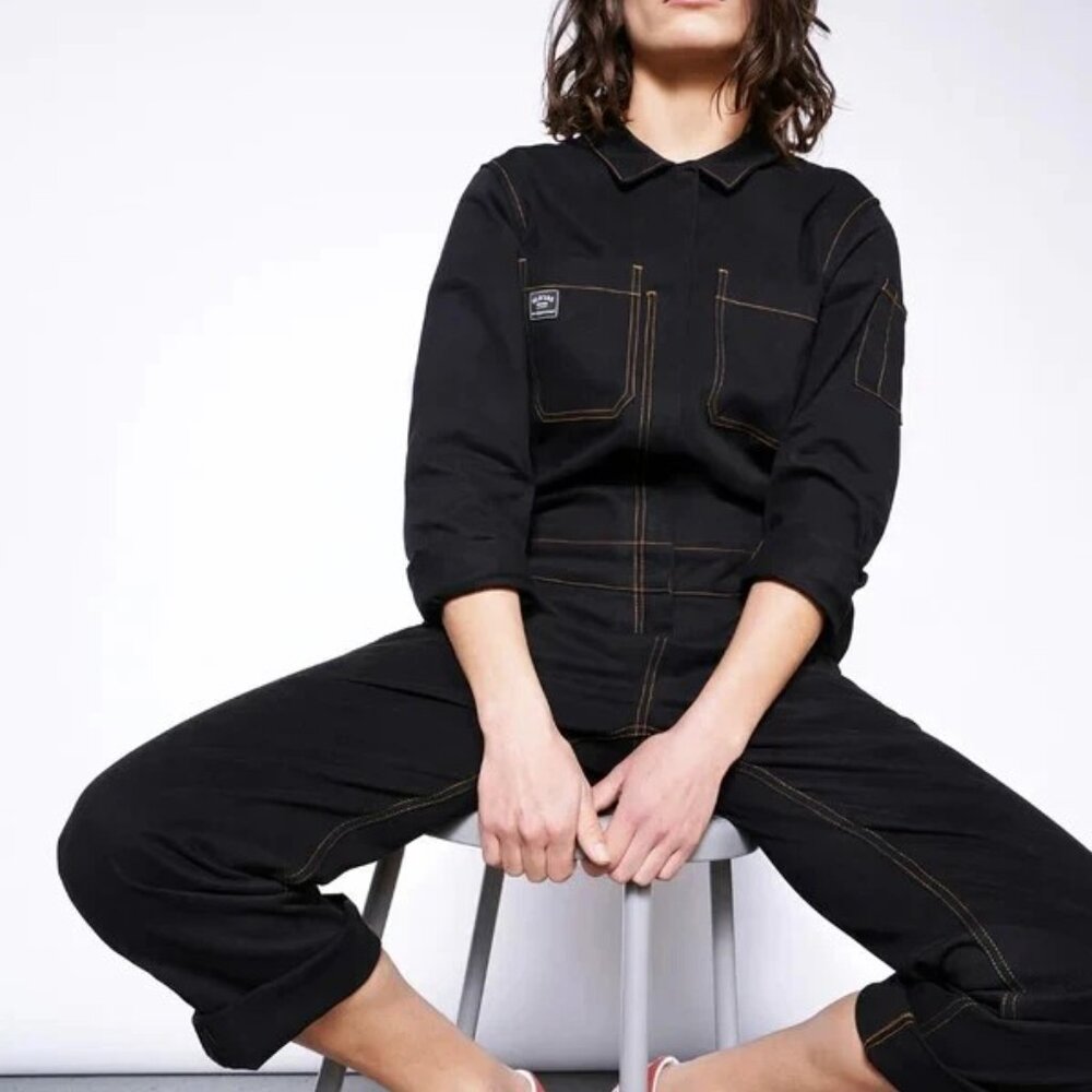 Wildfang Essential Long Sleeve Coverall Black Brushed Cotton Yellow Stitches S